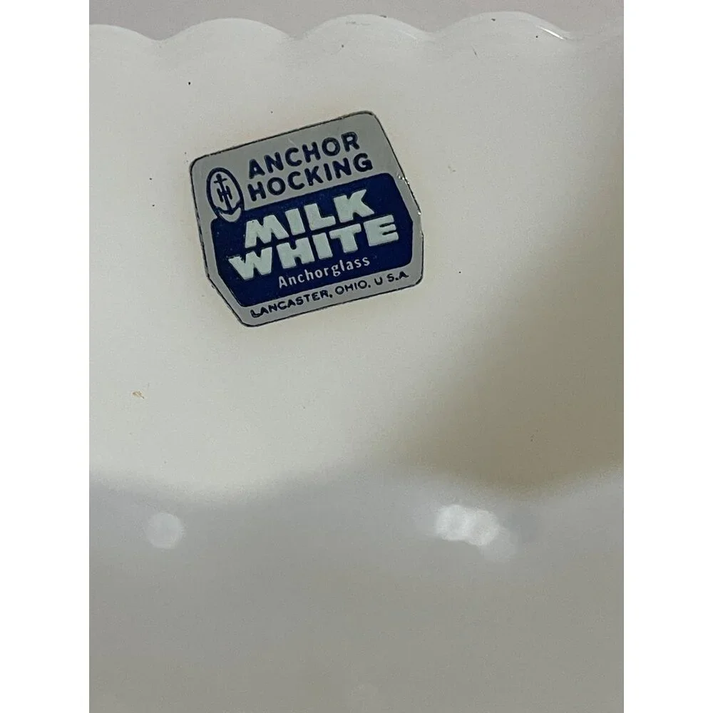 Anchor Hocking Milk Glass Grapes Leaves Scalloped Edge Pedestal Candy Dish VTG